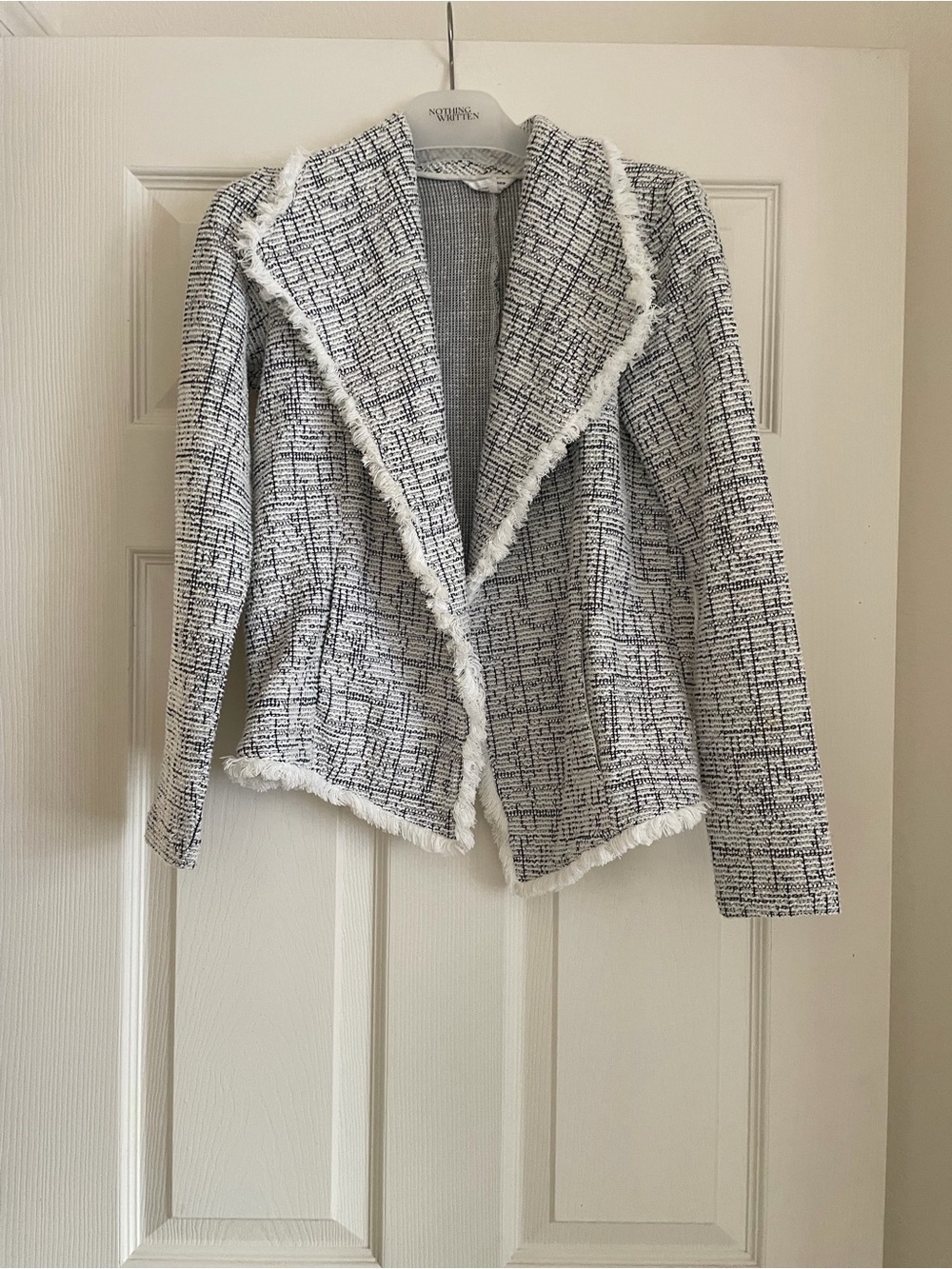 Club Monaco Black & White Tweed Fringe-Trim Jacket